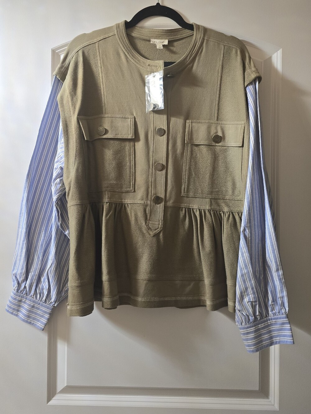 Pilcro Taupe Utility Pullover with Light Blue Striped Sleeves - Picture 2 of 3